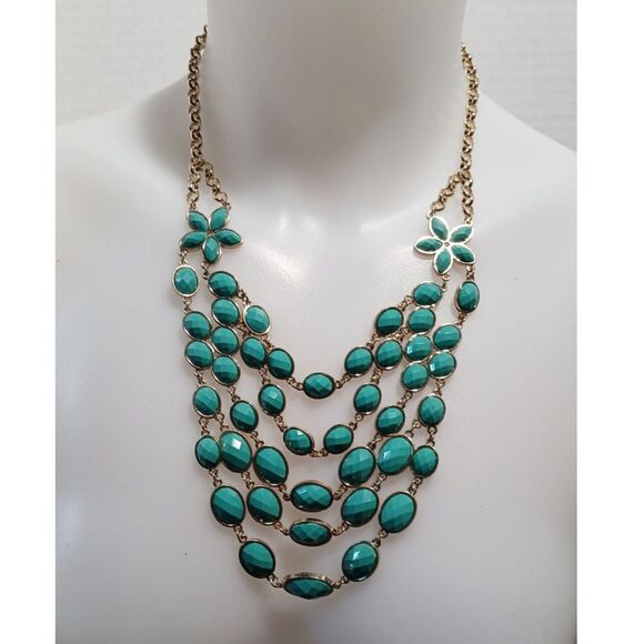 Bold Turquoise Colored Statement Necklace with Gold-toned Chain and Floral - Picture 12 of 12